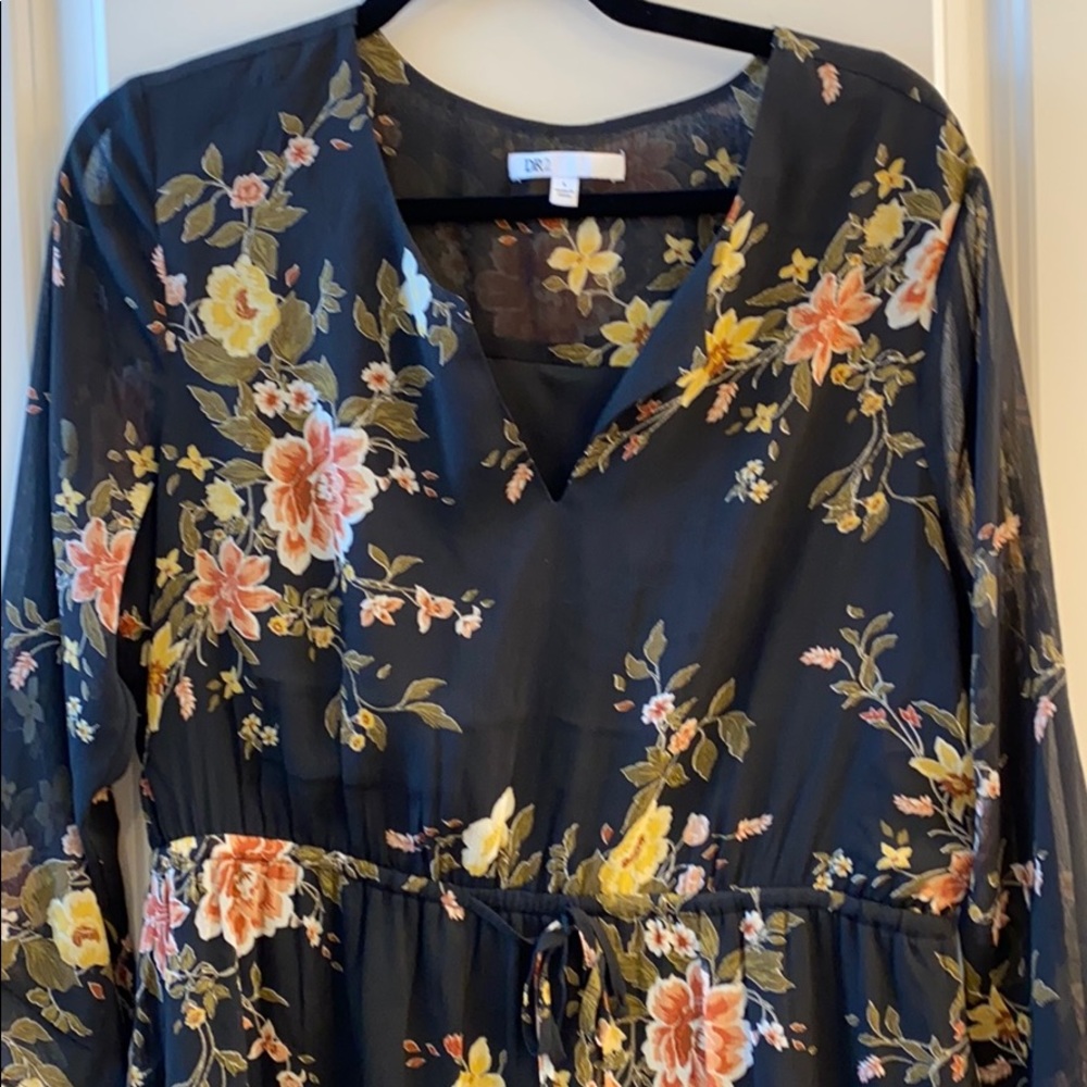 Black and Flowered Dress Tie Waist Sz L - Picture 4 of 5